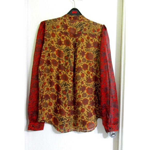 Hanley Mellon 100% Silk 6 Blouse Gold Multi Floral Boho Semi Sheer S Tunic Mint! - Picture 10 of 11